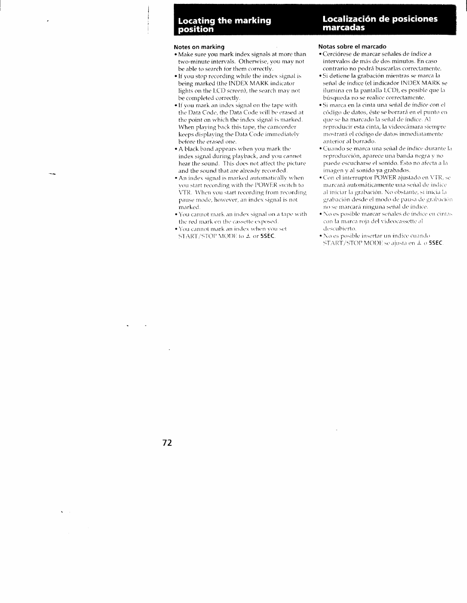 Notes on marking, Notas sobre el marcado | Sony CCD-TRV101 User Manual | Page 72 / 118