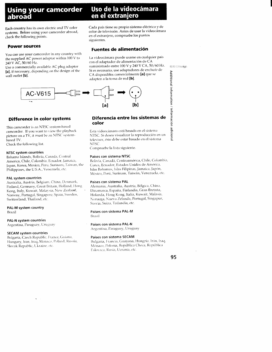 Power sources, Fuentes de alimentación, Difference in color systems | Ntsc system countries, Pal system countries, Pal-m system country, Pal-n system countries, Secam system countries, Diferencia entre los sistemas de color, Países con sistema ntsc | Sony CCD-TRV101 User Manual | Page 93 / 118