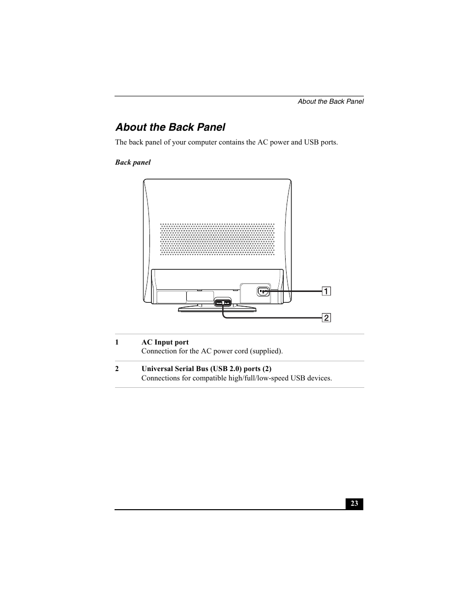 About the back panel | Sony PCV-V200G User Manual | Page 23 / 60