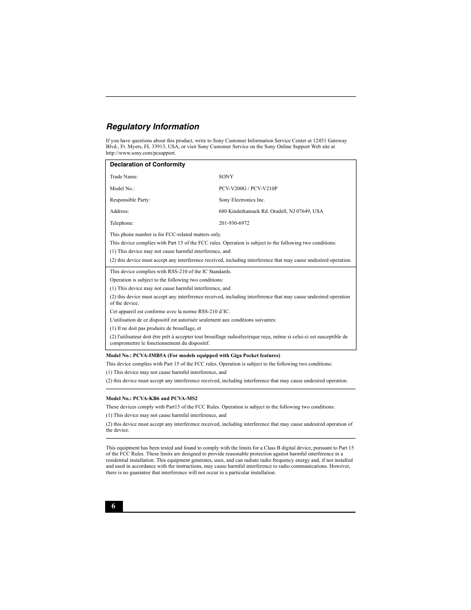 Regulatory information | Sony PCV-V200G User Manual | Page 6 / 60