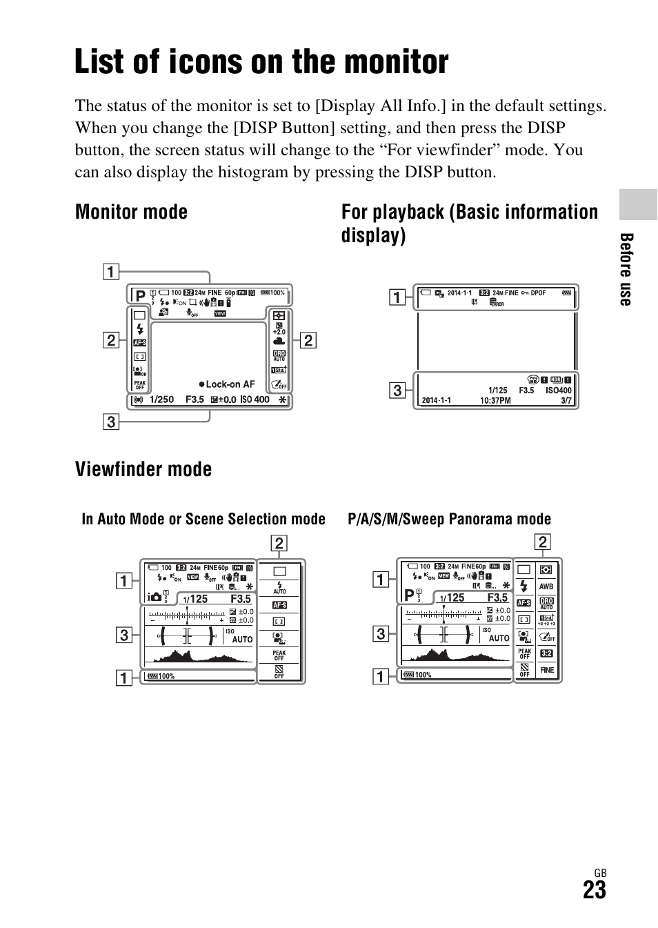List of icons on the monitor, N (23) | Sony ILCA-77M2Q User Manual | Page 23 / 92