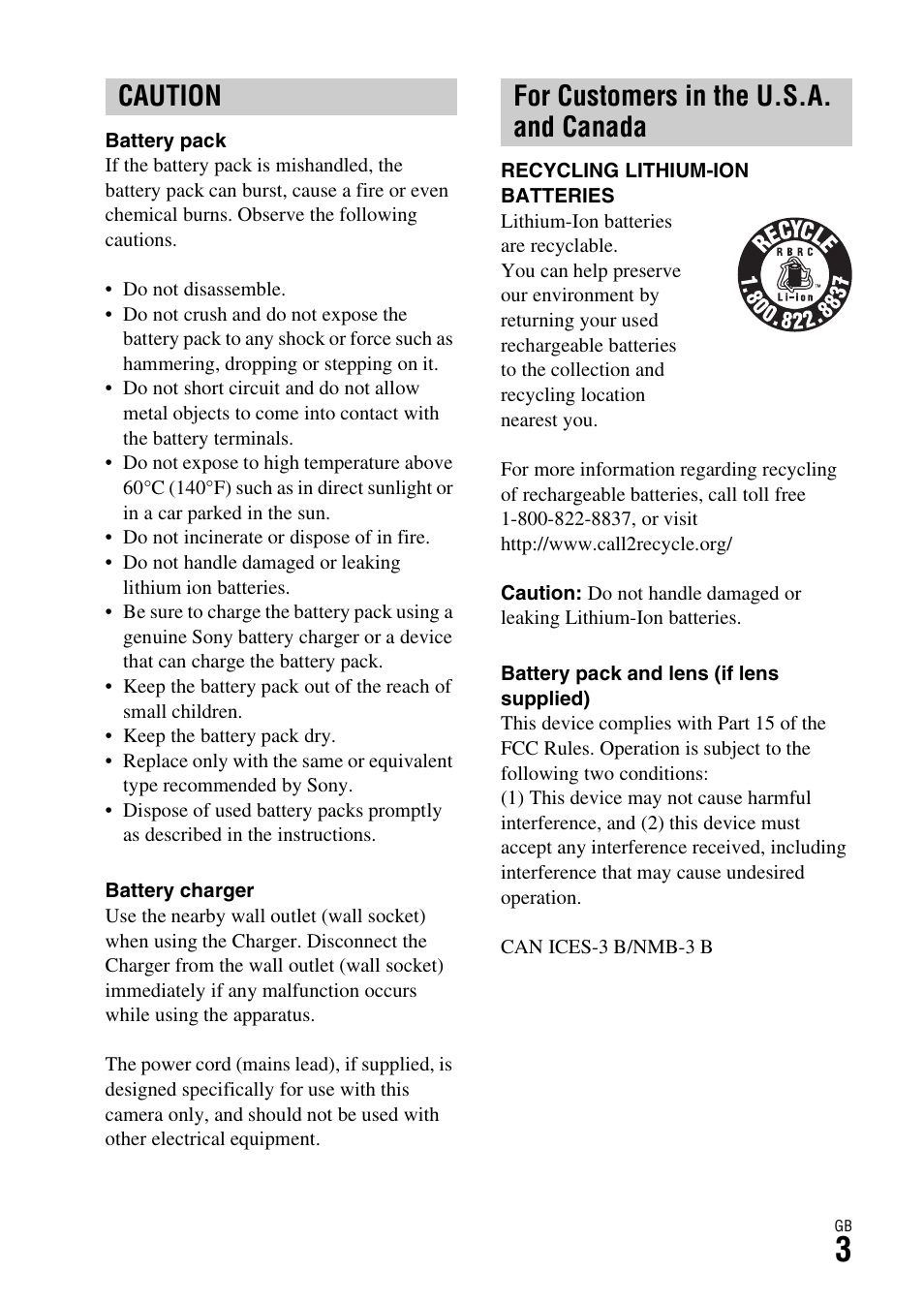 Caution for customers in the u.s.a. and canada | Sony ILCA-77M2Q User Manual | Page 3 / 92