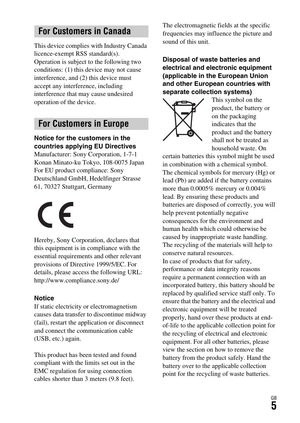 For customers in canada for customers in europe | Sony ILCA-77M2Q User Manual | Page 5 / 92