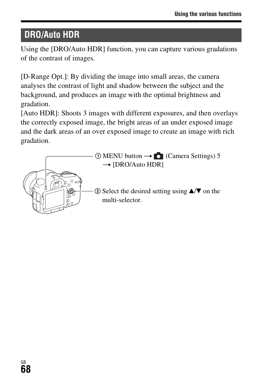 Dro/auto hdr, To hdr (68) | Sony ILCA-77M2Q User Manual | Page 68 / 92