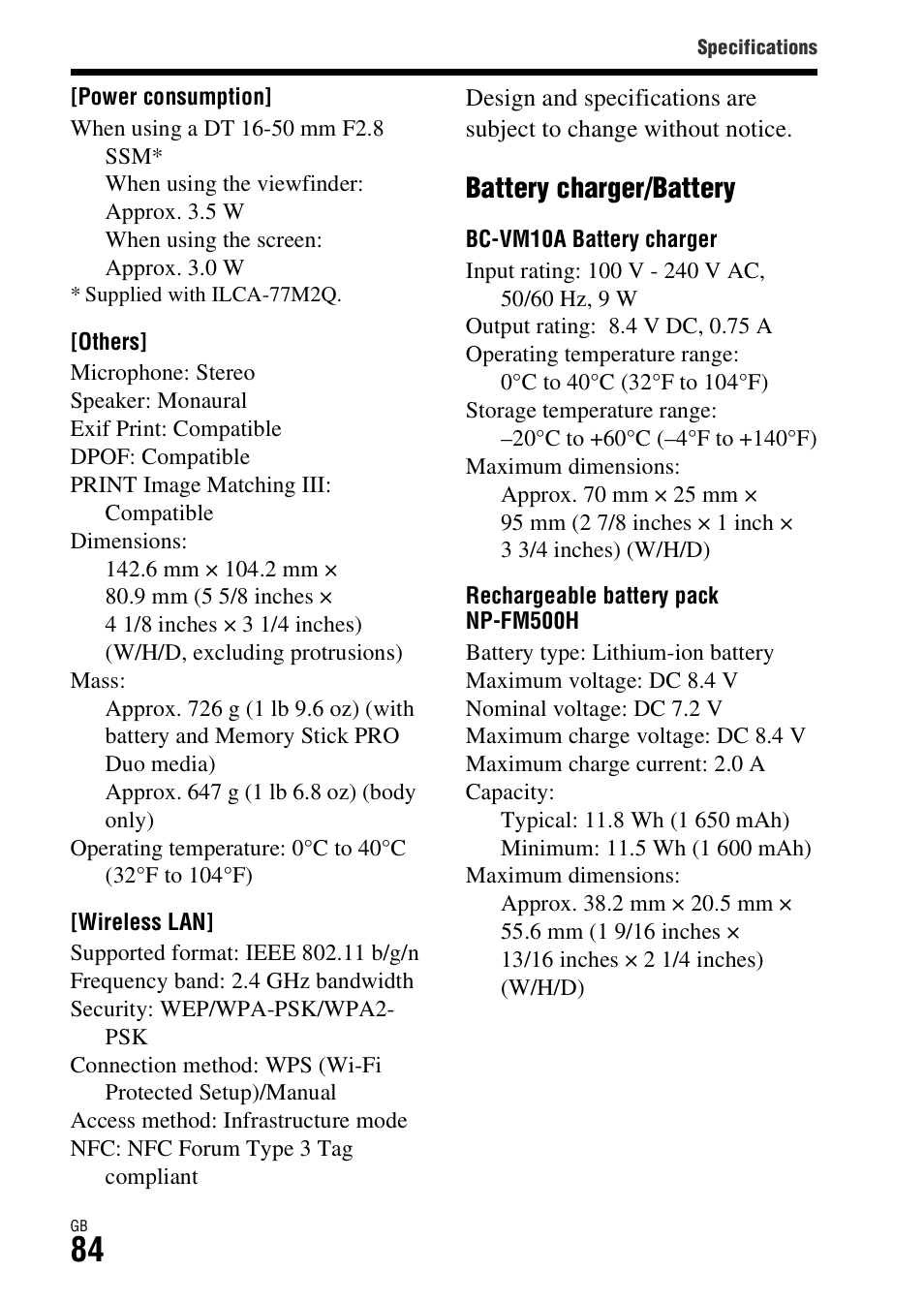 Battery charger/battery | Sony ILCA-77M2Q User Manual | Page 84 / 92