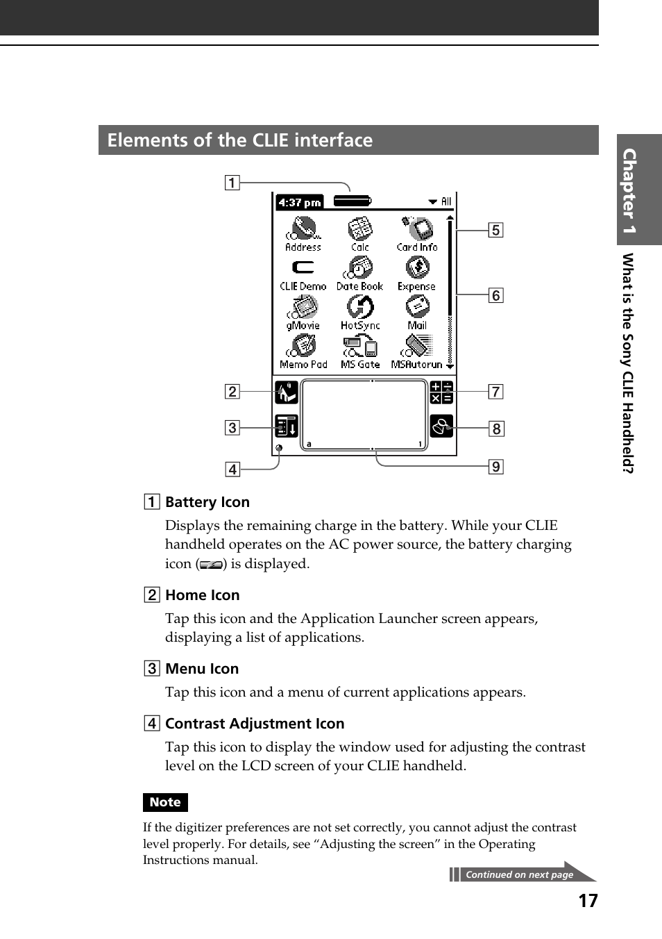 Elements of the clie interface | Sony PEG-S320 User Manual | Page 17 / 57