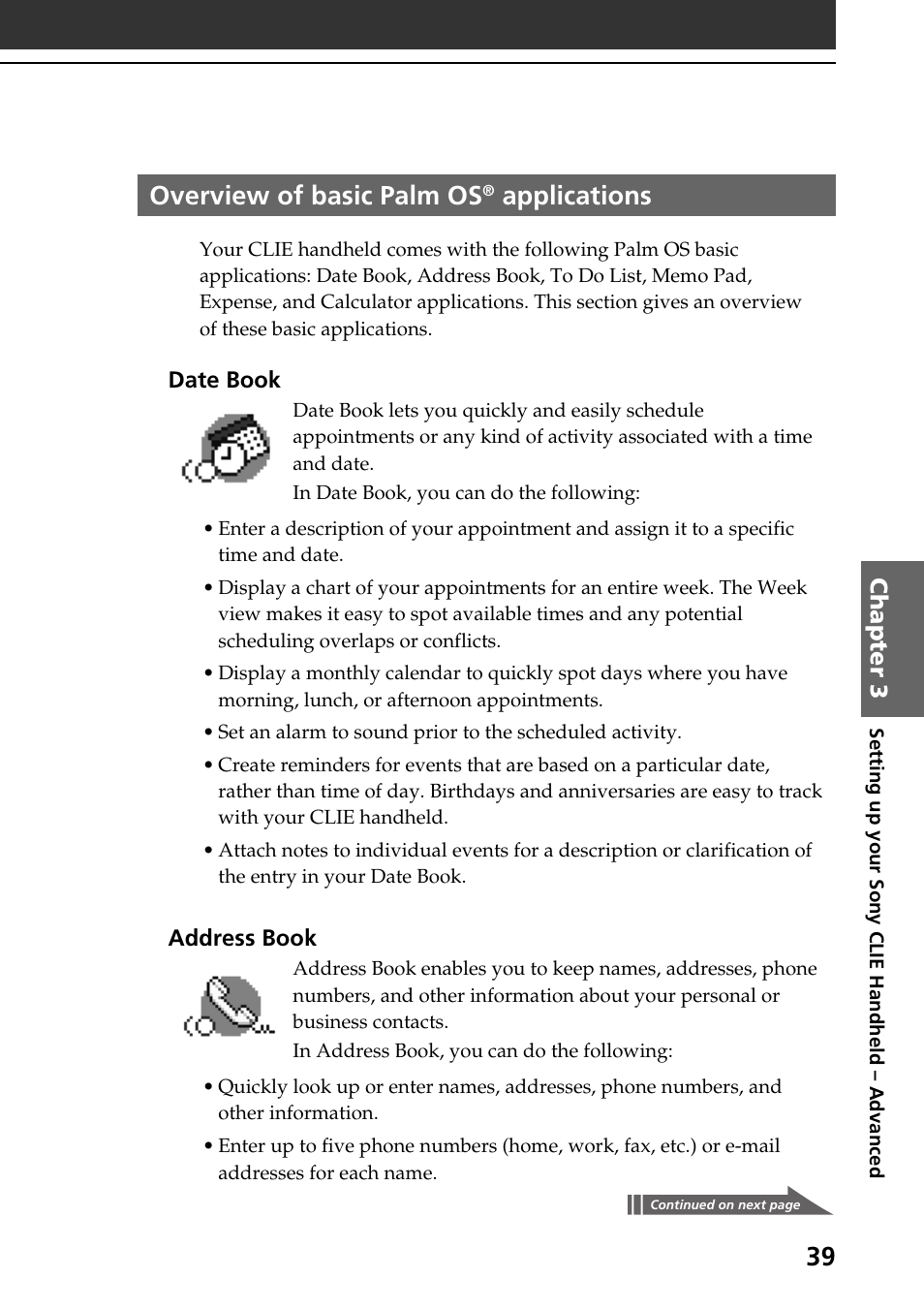 Overview of basic palm os® applications, Overview of basic palm os, Applications | Sony PEG-S320 User Manual | Page 39 / 57