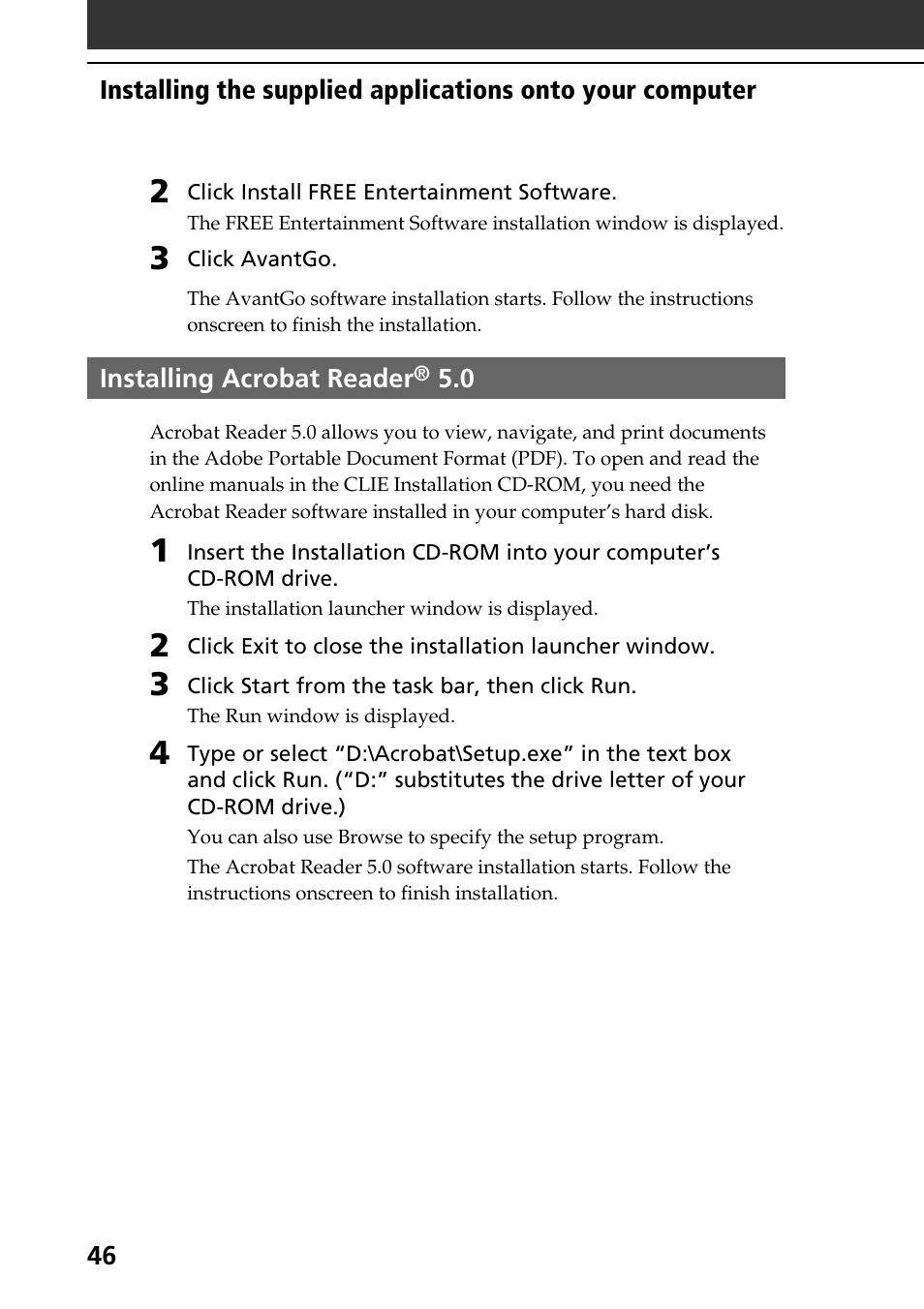 Installing acrobat reader® 5.0, Installing acrobat reader | Sony PEG-S320 User Manual | Page 46 / 57