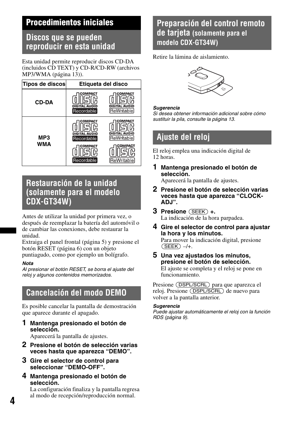 Procedimientos iniciales, Discos que se pueden reproducir en esta unidad, Cancelación del modo demo | Ajuste del reloj, Preparación del control remoto de tarjeta | Sony CDX-GT34W User Manual | Page 38 / 56