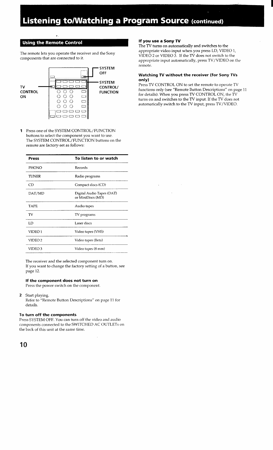 Using the remote control, If you use a sony tv, If the component does not turn on | To turn off the components, Listening toaafatching a program source, Continued) | Sony STR-GX700ES User Manual | Page 10 / 39