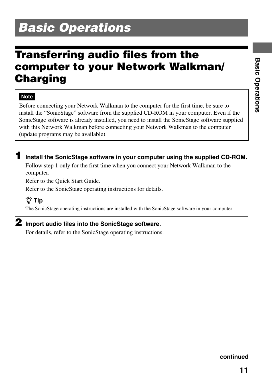 Basic operations, Transferring audio files from, The computer to your network walkman/ charging | Sony NW-E407 User Manual | Page 11 / 55