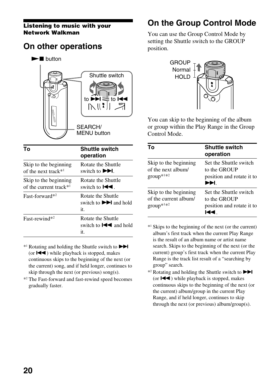 On other operations, On the group control mode, On other operations on the group control mode | 20 on the group control mode | Sony NW-E407 User Manual | Page 20 / 55