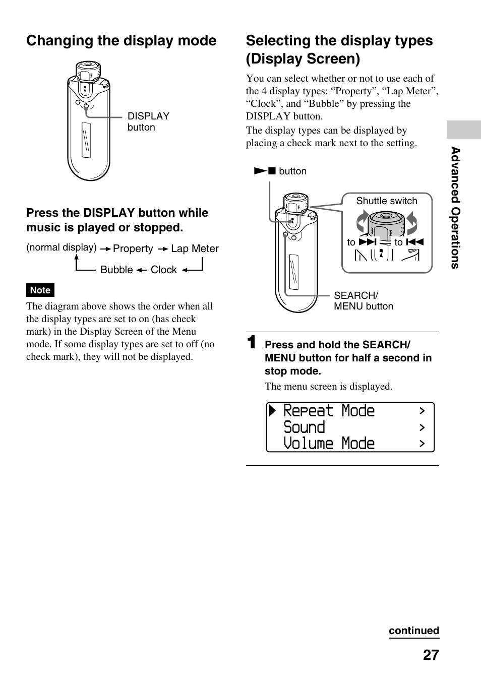 Changing the display mode, Selecting the display types (display screen), Display screen) | Repeat mode sound volume mode, 27 selecting the display types (display screen) | Sony NW-E407 User Manual | Page 27 / 55
