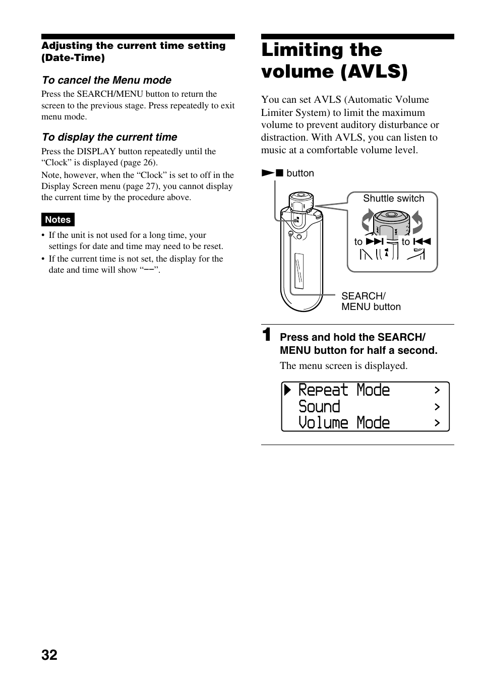 Limiting the volume (avls), Repeat mode sound volume mode | Sony NW-E407 User Manual | Page 32 / 55