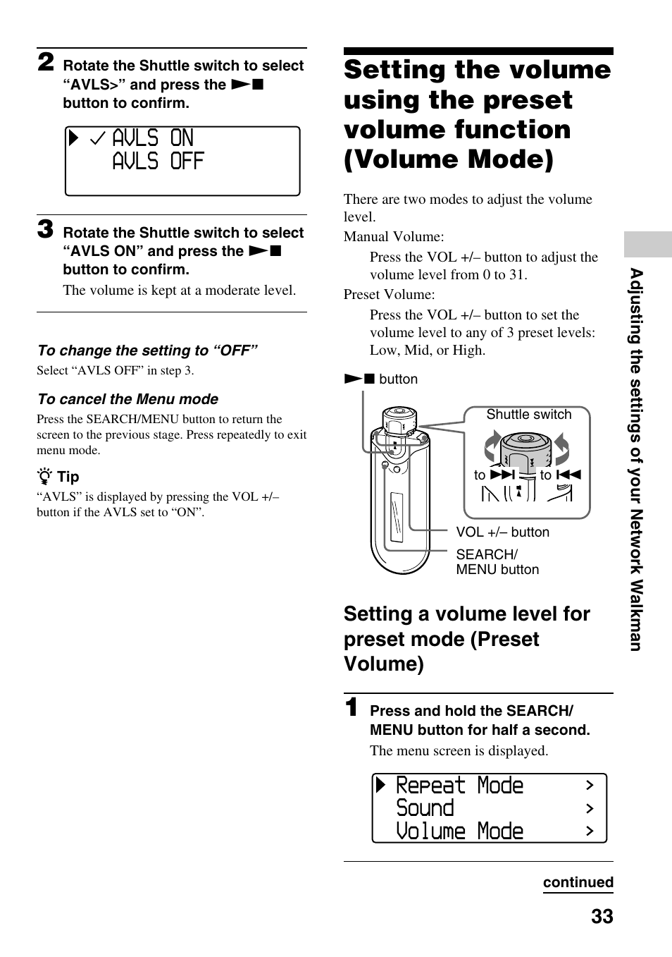 Setting the volume using the preset, Volume function (volume mode), Setting a volume level for preset mode | Preset volume), Avls on avls off, Repeat mode sound volume mode | Sony NW-E407 User Manual | Page 33 / 55