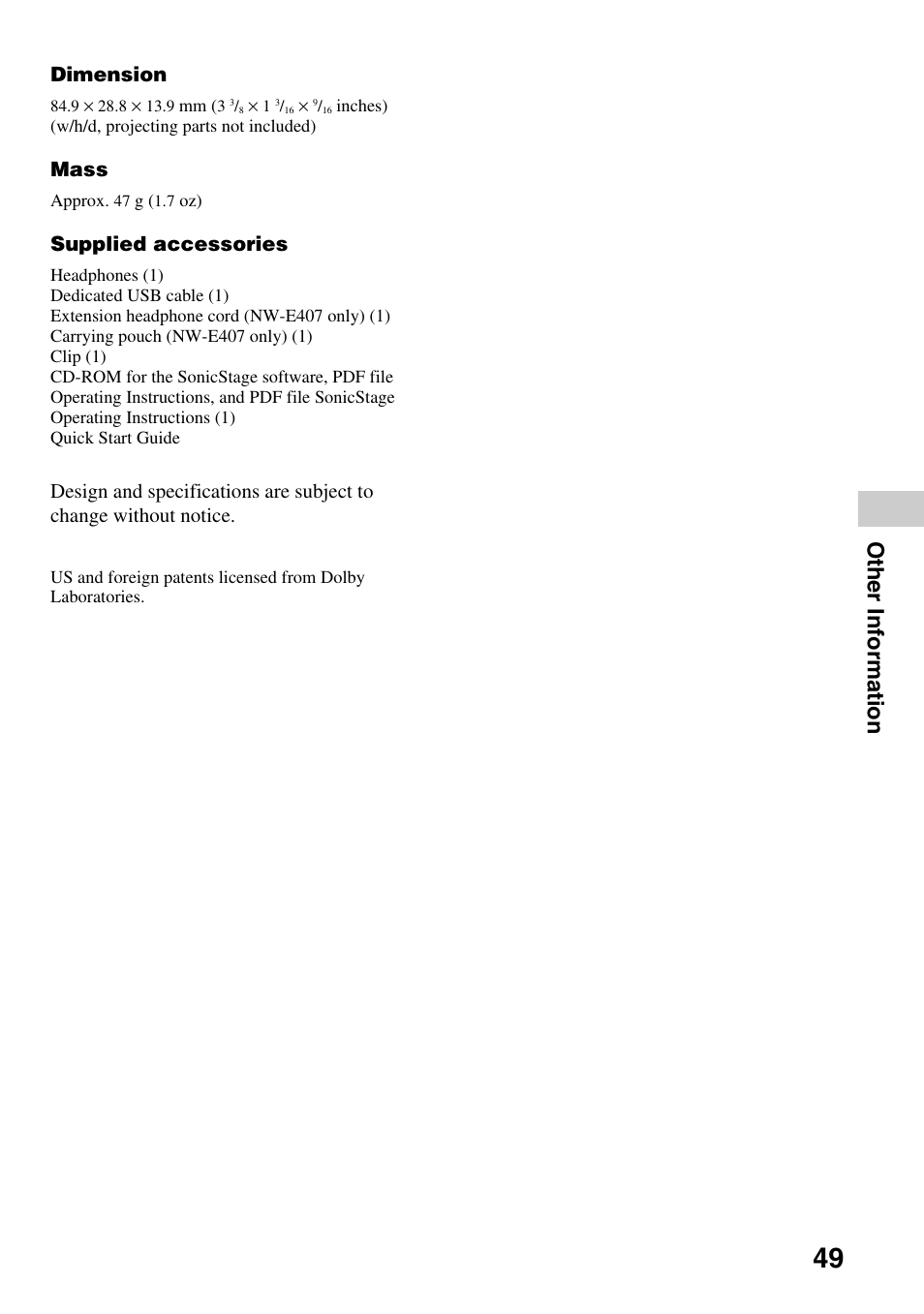 Other information, Dimension, Mass | Supplied accessories | Sony NW-E407 User Manual | Page 49 / 55
