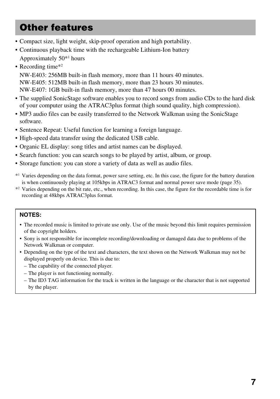 Other features | Sony NW-E407 User Manual | Page 7 / 55