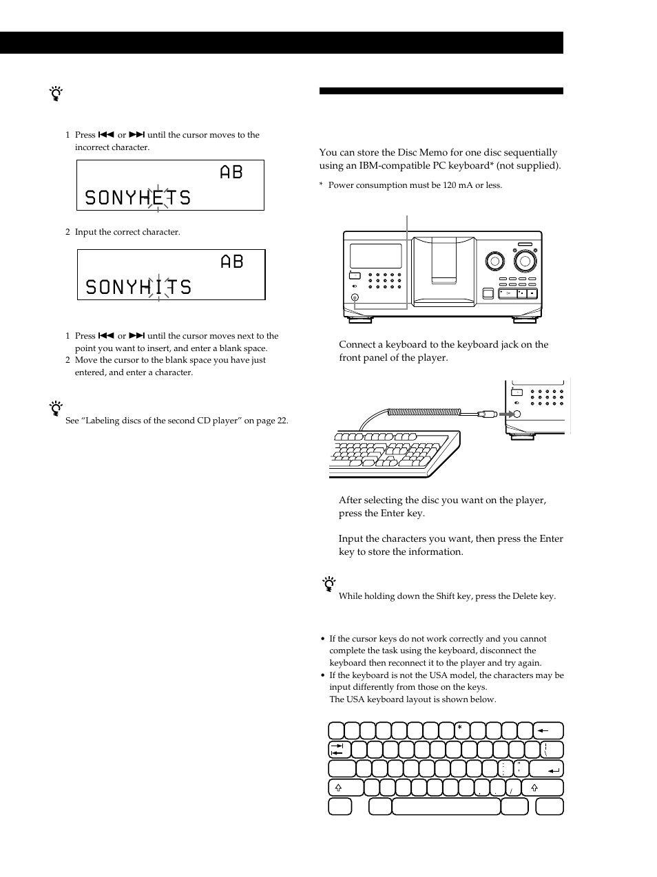 Storing custom file information using a keyboard, Locating a scene or track you want | Sony CDP-CX355 User Manual | Page 27 / 36