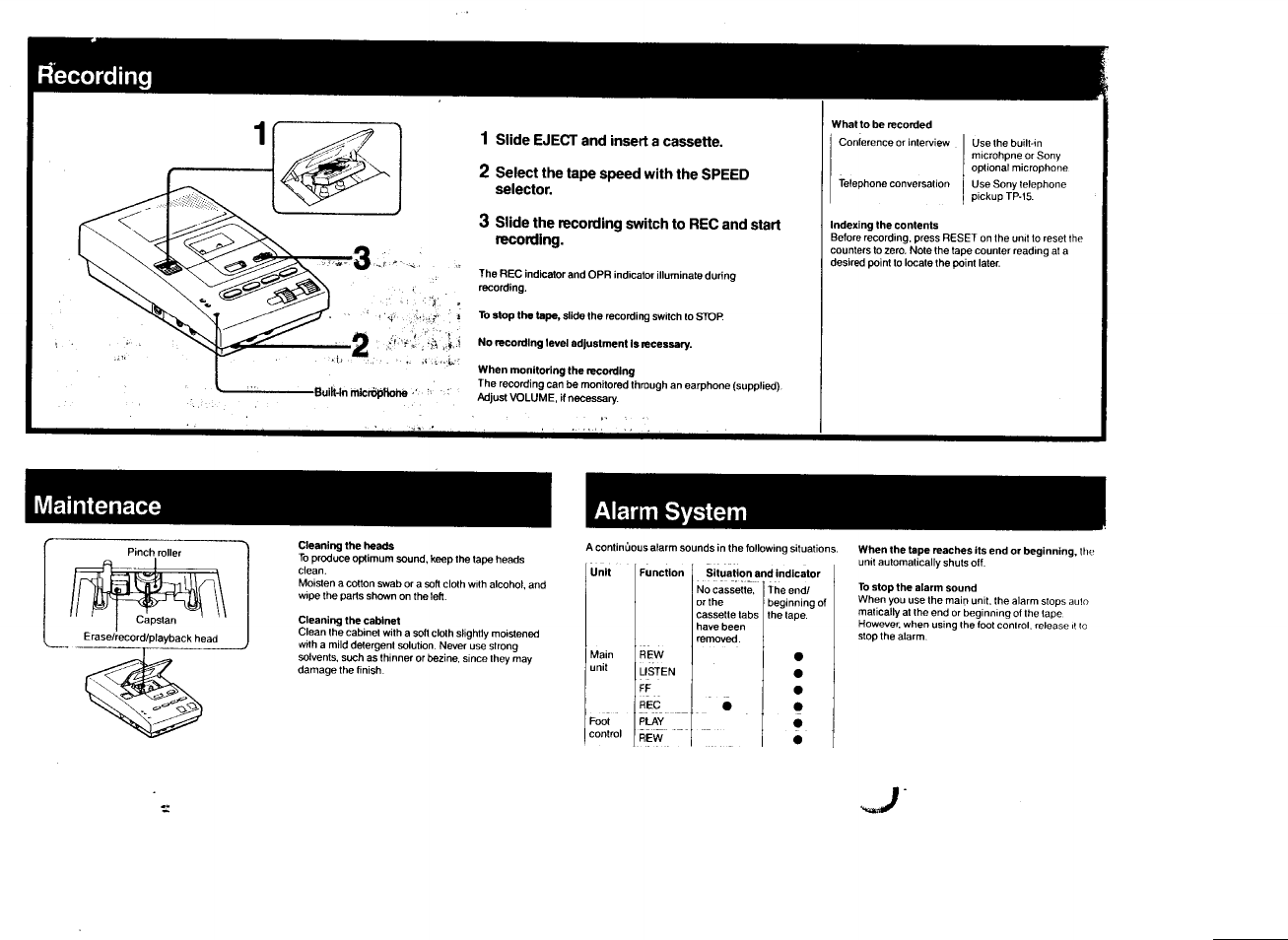 Fiecording, When monitoring the recording, What to be recorded | Indexing the contents, Cleanir>g the heads, Cleanir>g the cabinet, Alarm system, When the tape reaches its end or beginning, the, To stop the alarm sound, Maintenace | Sony M-2000A User Manual | Page 4 / 4