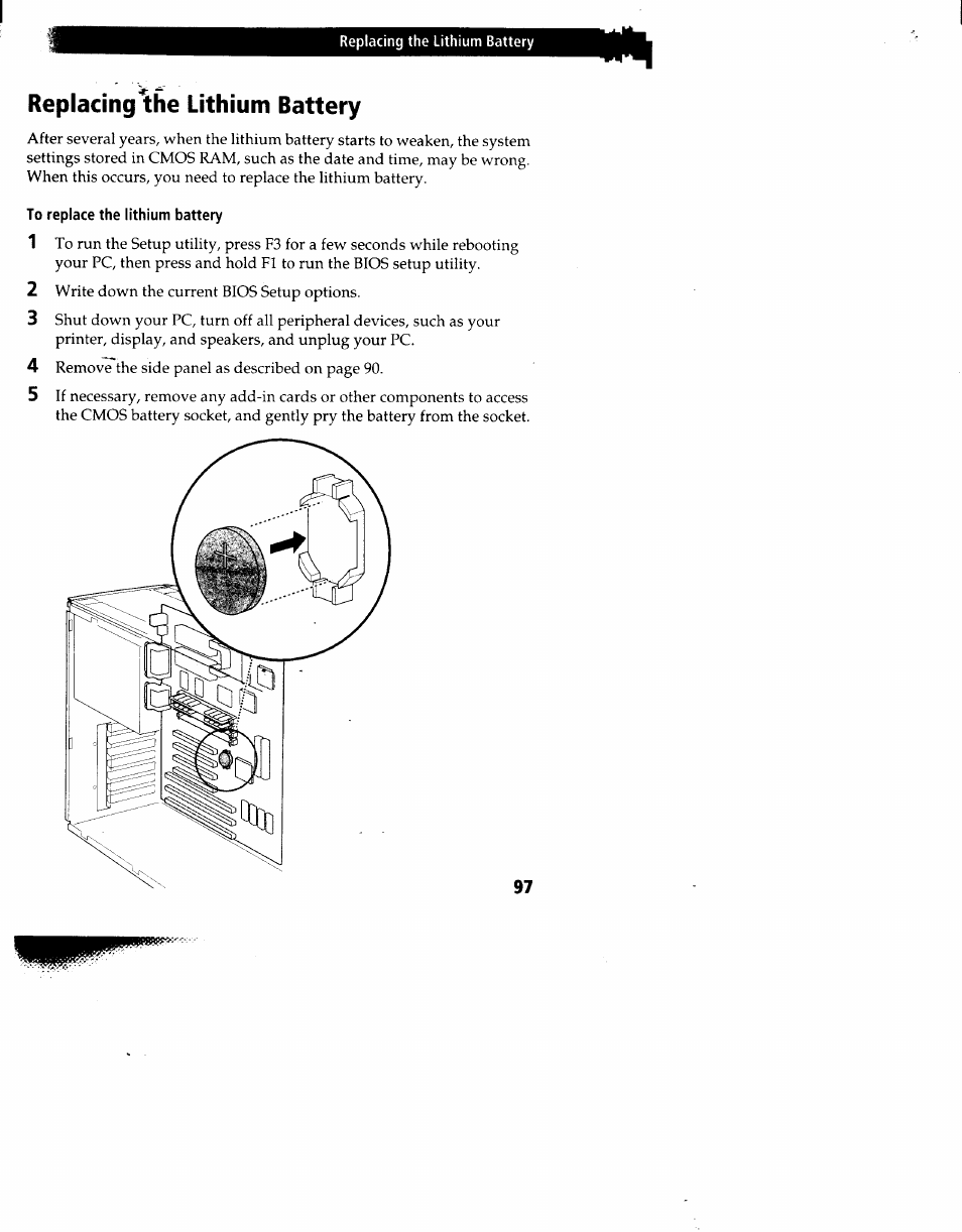 Replacing^he lithium battery, To replace the lithium battery, Replacing the lithium battery | Sony PCV-90 User Manual | Page 104 / 155