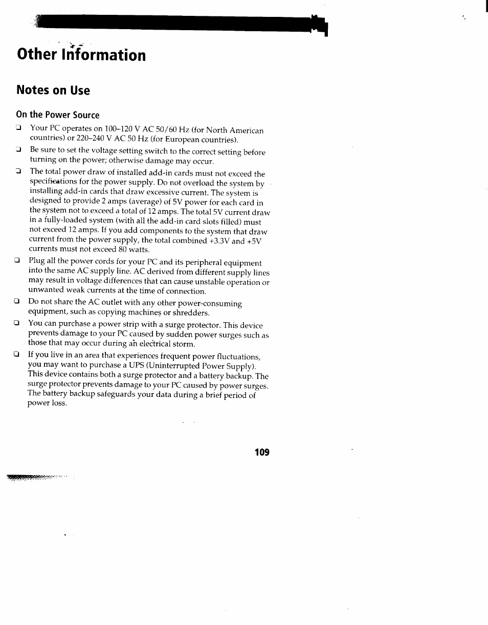 Other information, Notes on use, On the power source | Sony PCV-90 User Manual | Page 116 / 155