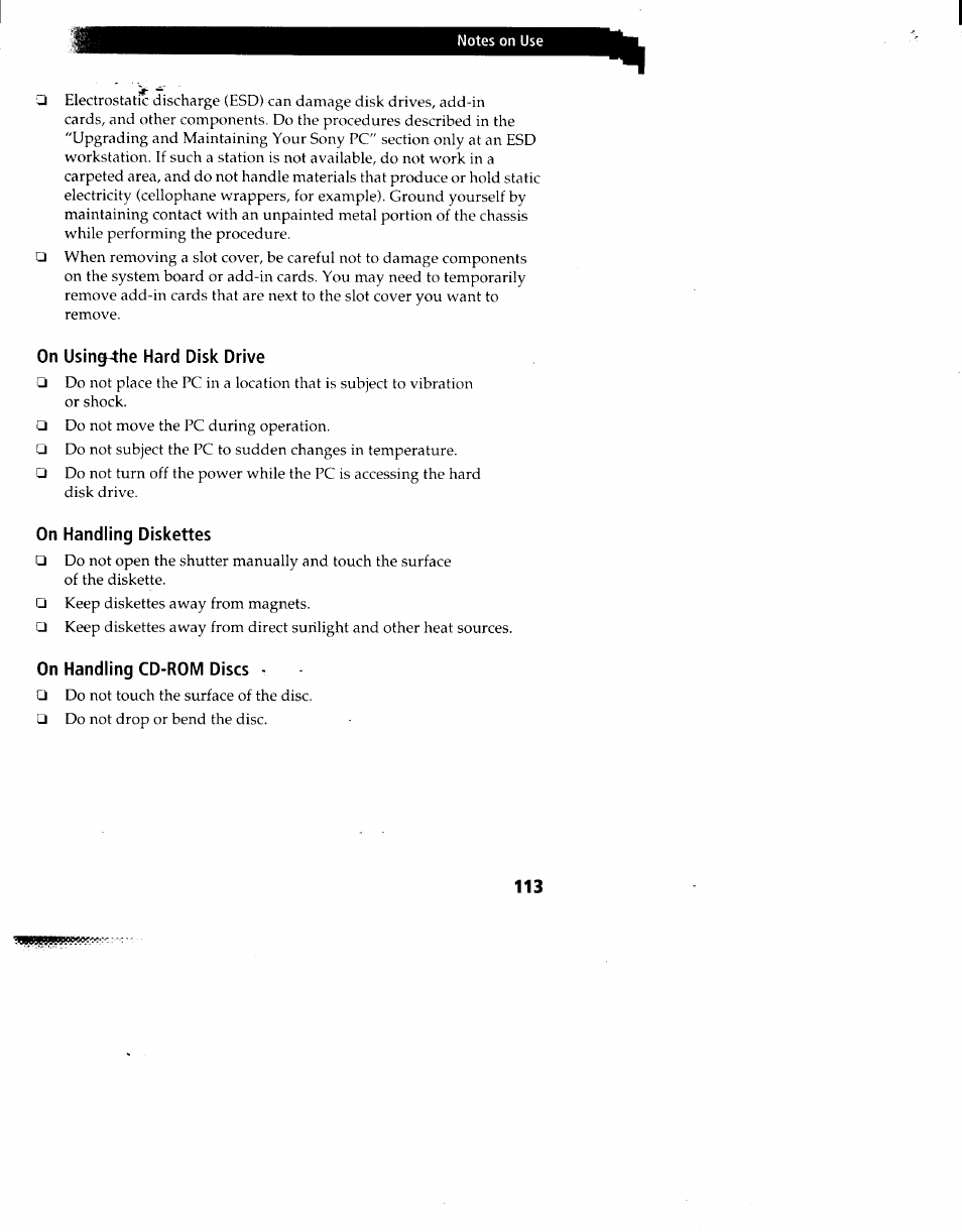 On usin§4he hard disk drive, On handling diskettes, On handling cd-rom discs | Sony PCV-90 User Manual | Page 120 / 155
