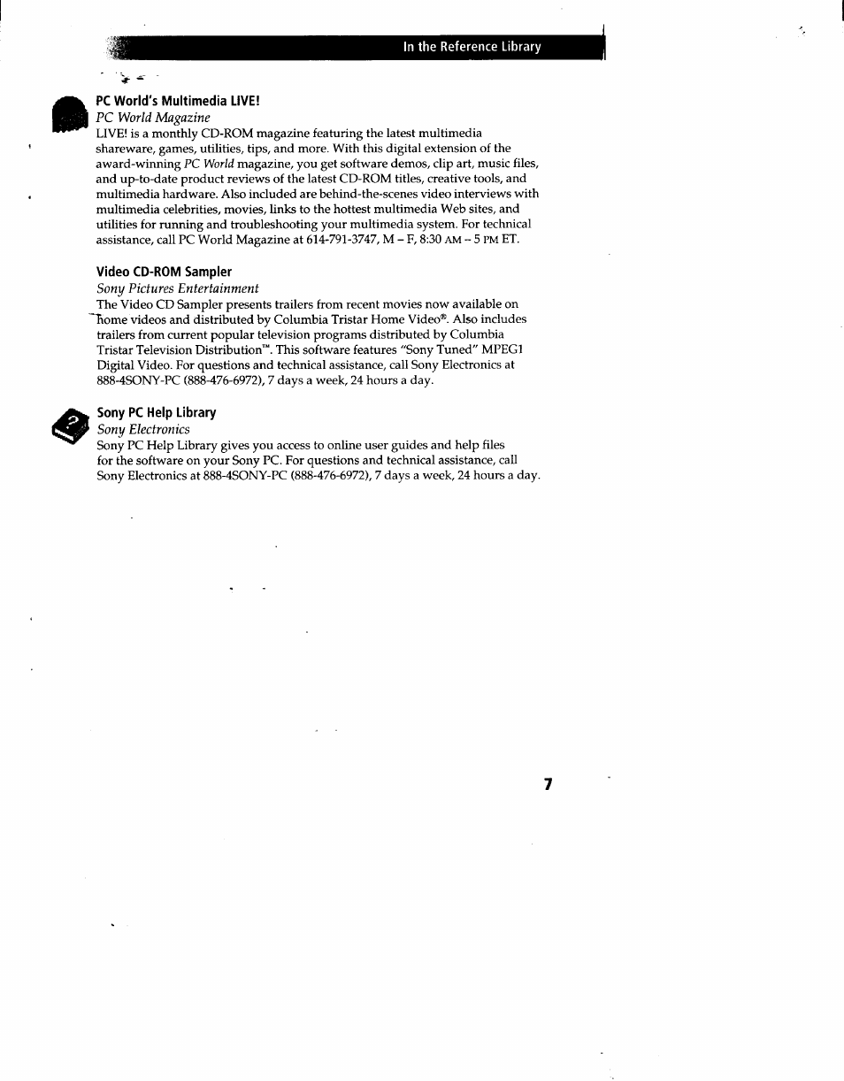 Pc world's multimedia live, Video cd-rom sampler, Sony pc help library | Sony PCV-90 User Manual | Page 144 / 155