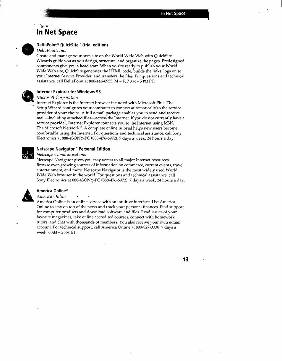 In net space, Deltapoint® quicksite™ (trial edition), Internet explorer for windows 95 | Netscape navigator™ personal edition, America online | Sony PCV-90 User Manual | Page 150 / 155