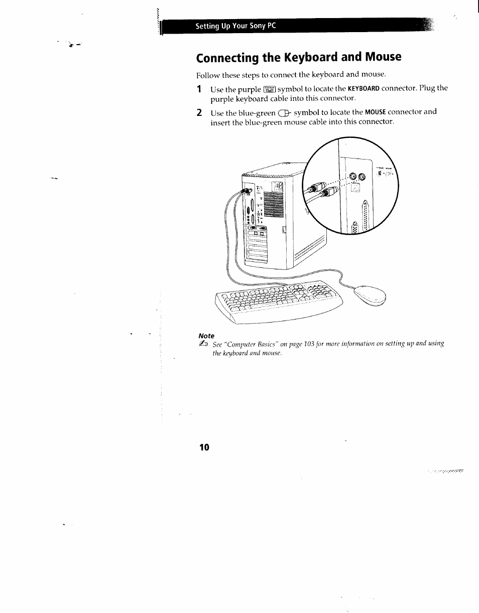 Connecting the keyboard and mouse | Sony PCV-90 User Manual | Page 17 / 155