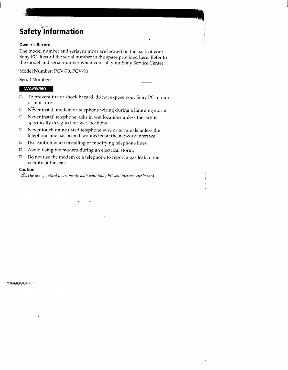 Safetyinformation, Owner's record, Caution | Sony PCV-90 User Manual | Page 3 / 155