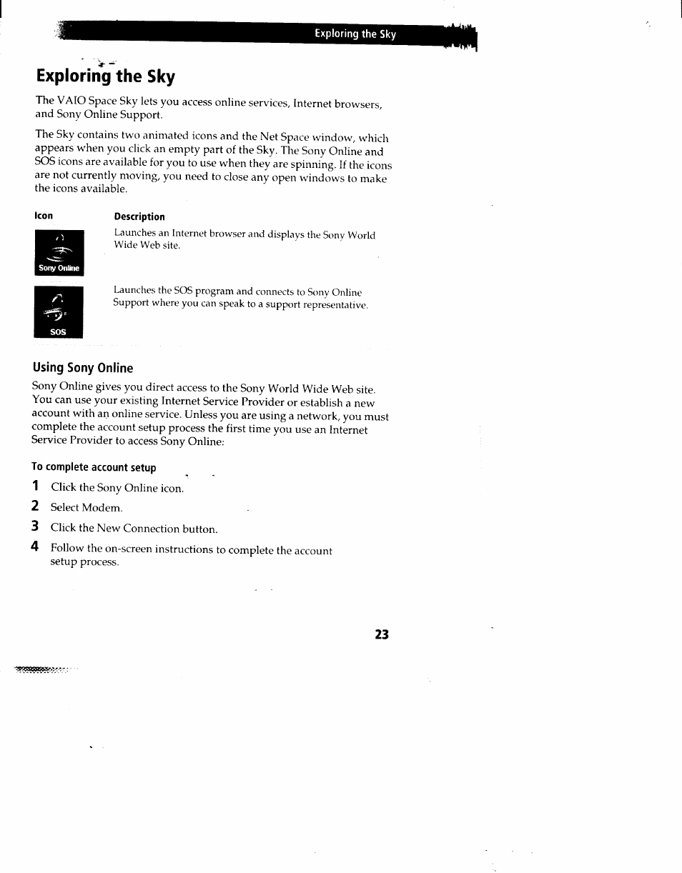 Using sony online, To complete account setup, Exploring the sky | Sony PCV-90 User Manual | Page 30 / 155