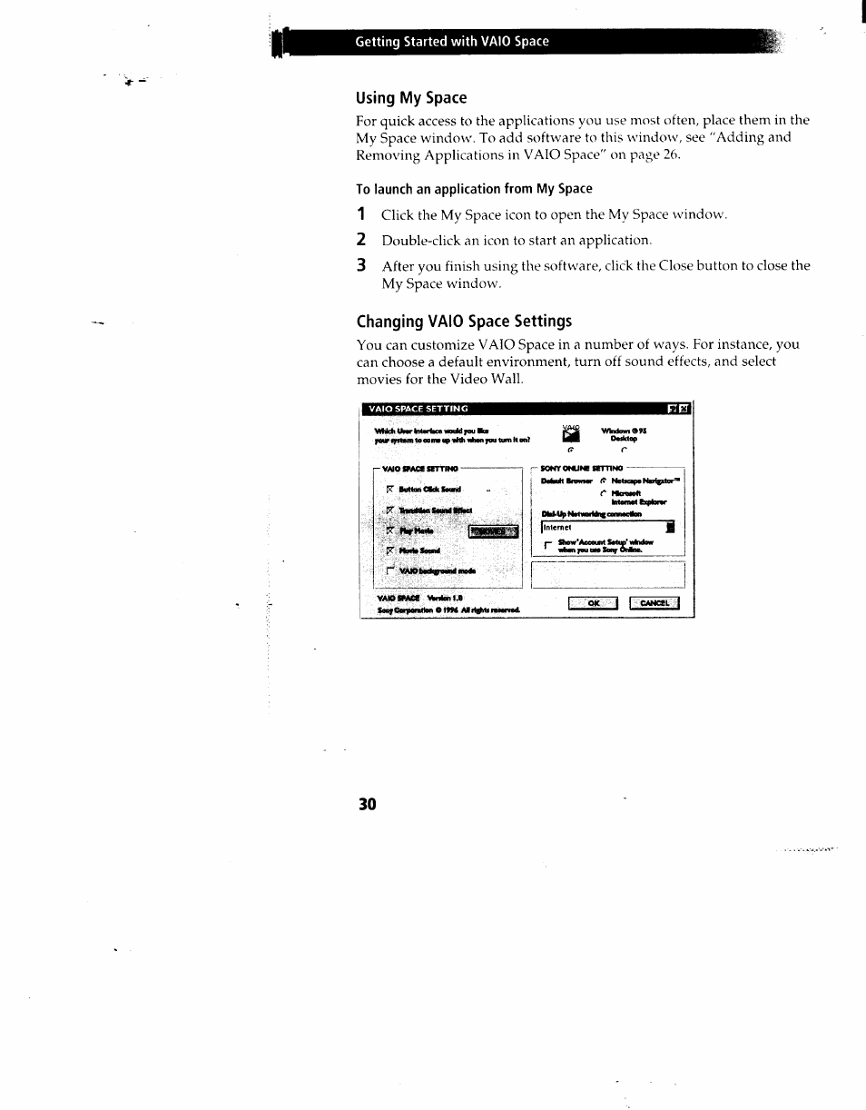 Using my space, To launch an application from my space, Changing vaio space settings | Using my space changing vaio space settings | Sony PCV-90 User Manual | Page 37 / 155