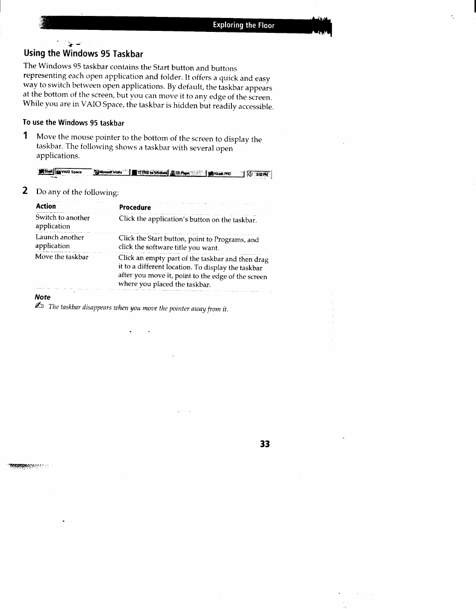 Using the windows 95 taskbar, To use the windows 95 taskbar | Sony PCV-90 User Manual | Page 40 / 155