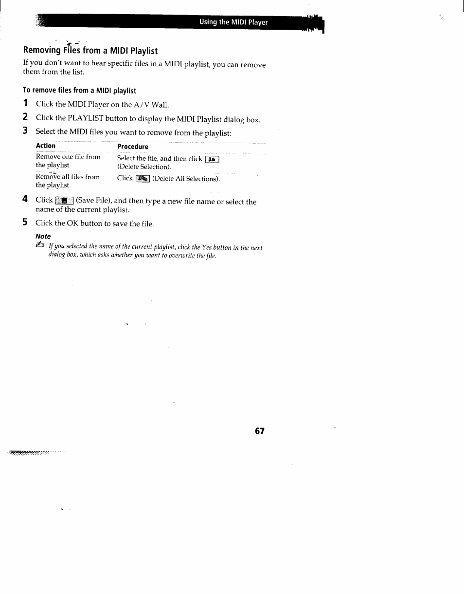 Removing files from a midi playlist, To remove files from a midi playlist, Action procedure | Sony PCV-90 User Manual | Page 74 / 155