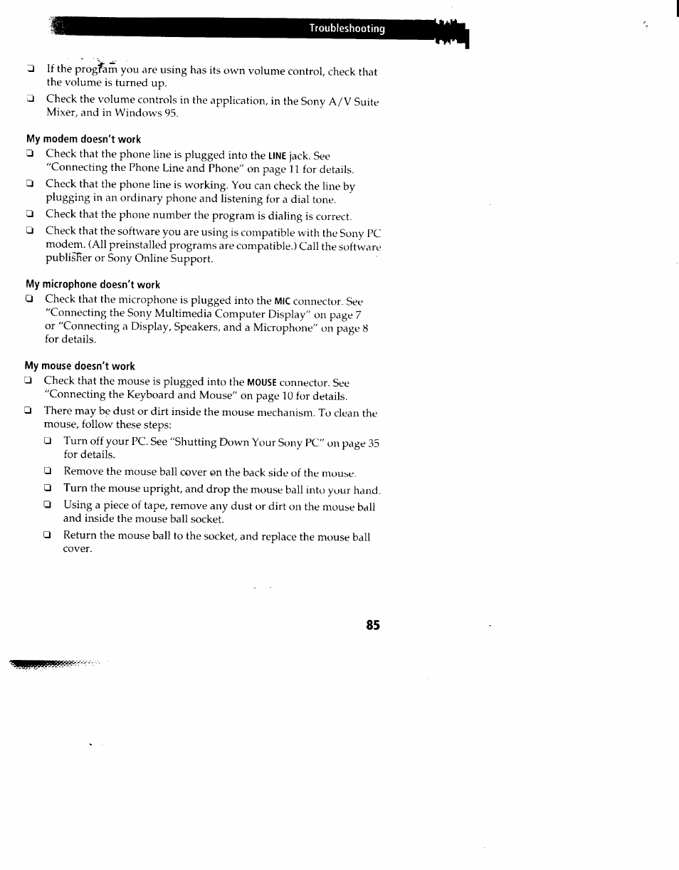 My modem doesn't work, My microphone doesn't work, My mouse doesn't work | Sony PCV-90 User Manual | Page 92 / 155