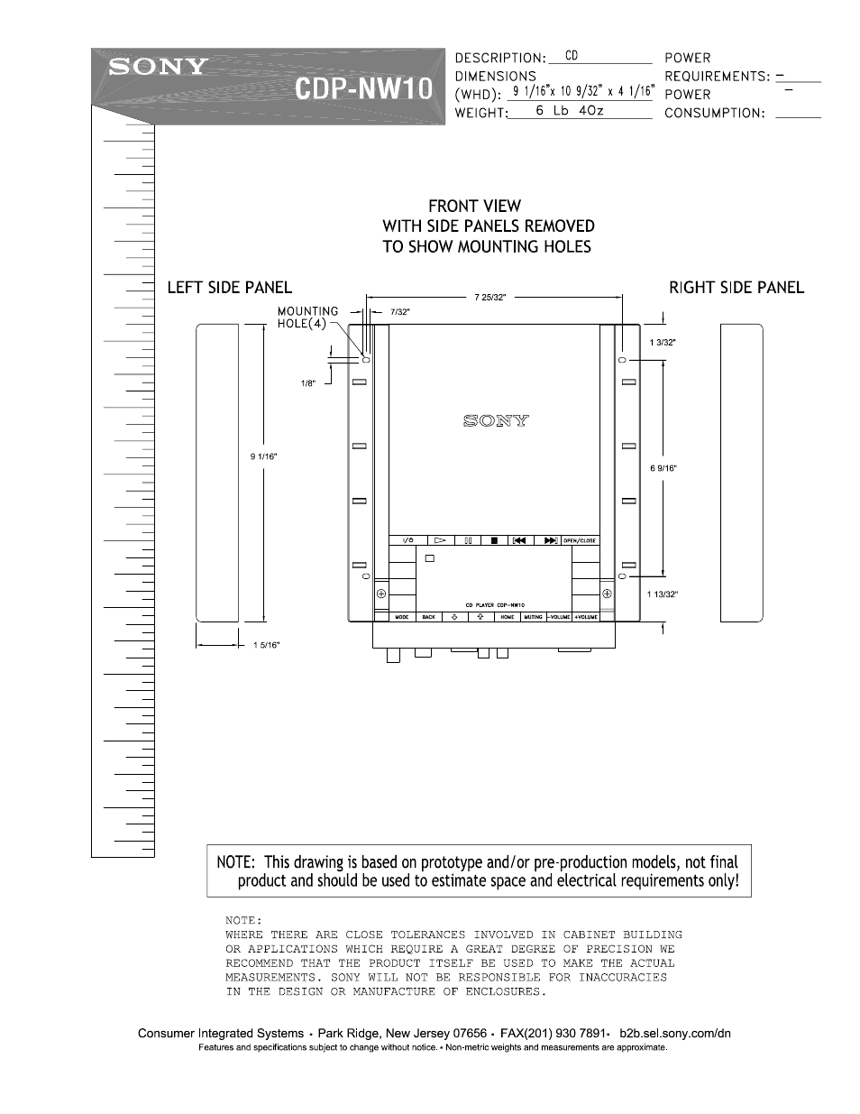 Front view, With side panels removed to show mounting holes, Right side panel | Cdp-nw10, Sony | Sony CDP-NW10 User Manual | Page 3 / 3