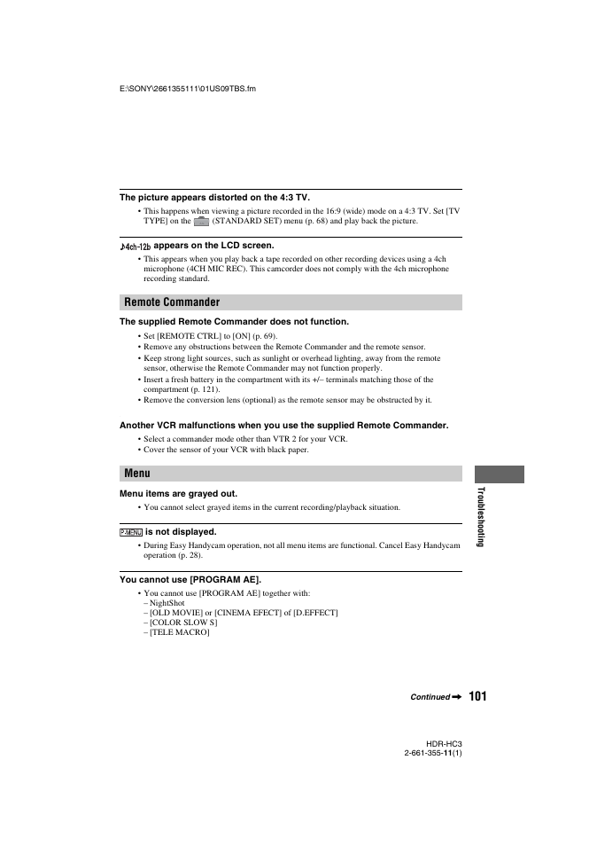 Menu, P. 101), Remote commander menu | Sony HDR-HC3 User Manual | Page 101 / 135