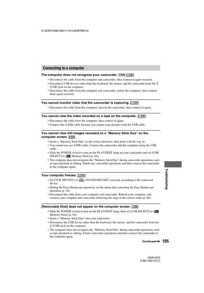 Connecting to a computer | Sony HDR-HC3 User Manual | Page 105 / 135