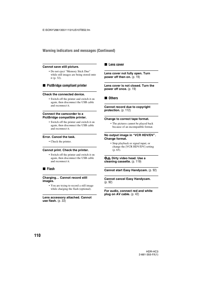 Warning indicators and messages (continued) | Sony HDR-HC3 User Manual | Page 110 / 135