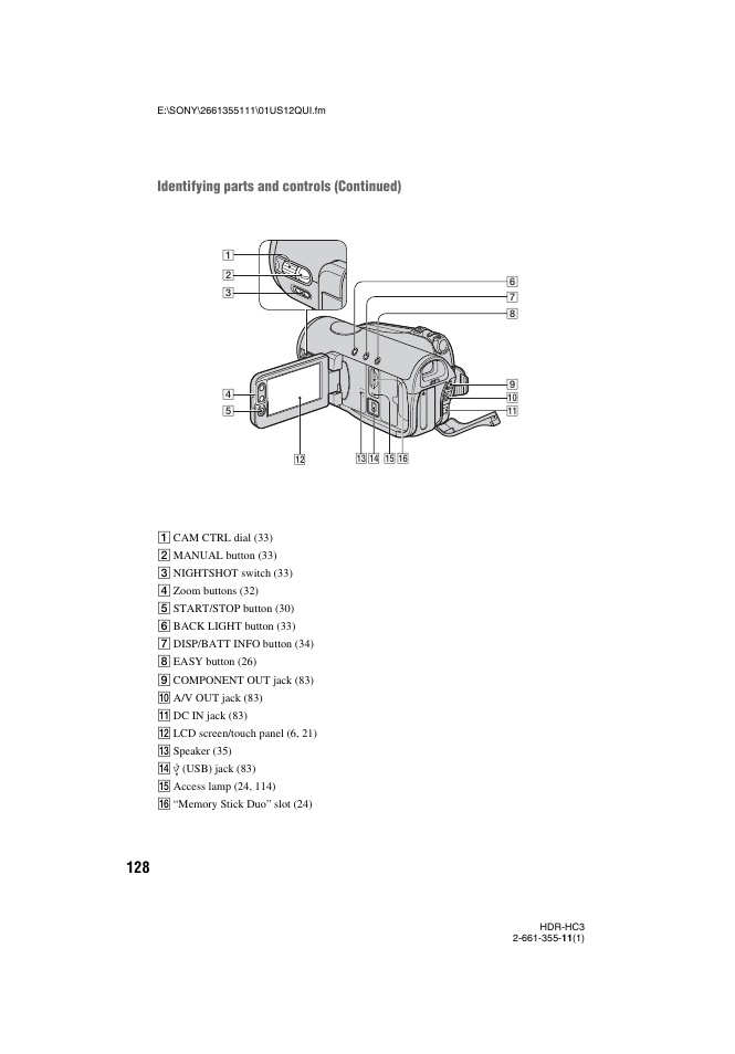 Identifying parts and controls (continued) | Sony HDR-HC3 User Manual | Page 128 / 135