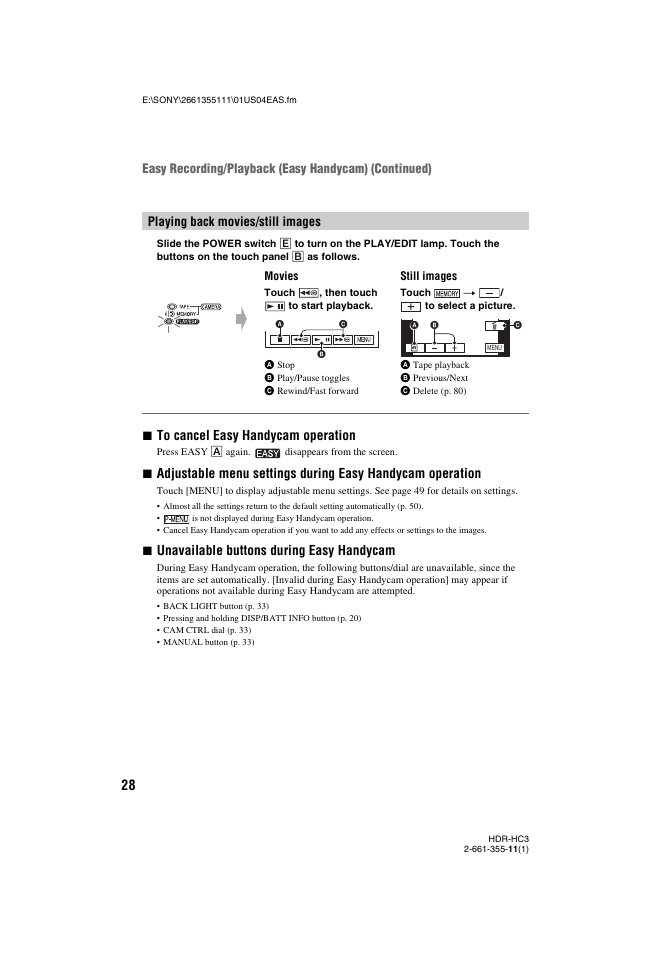 Unavailable buttons during easy handycam, Playing back movies/still images | Sony HDR-HC3 User Manual | Page 28 / 135