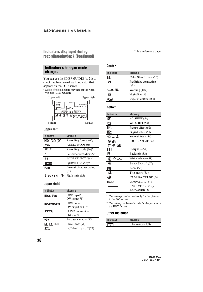 P. 38), Indicators when you made changes | Sony HDR-HC3 User Manual | Page 38 / 135