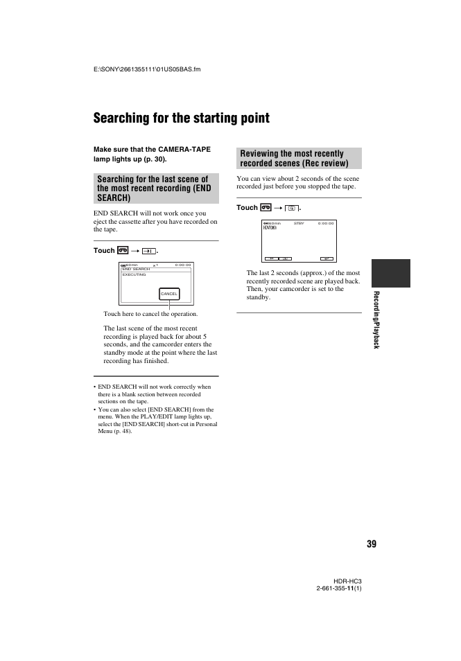 Searching for the starting point, End search) | Sony HDR-HC3 User Manual | Page 39 / 135
