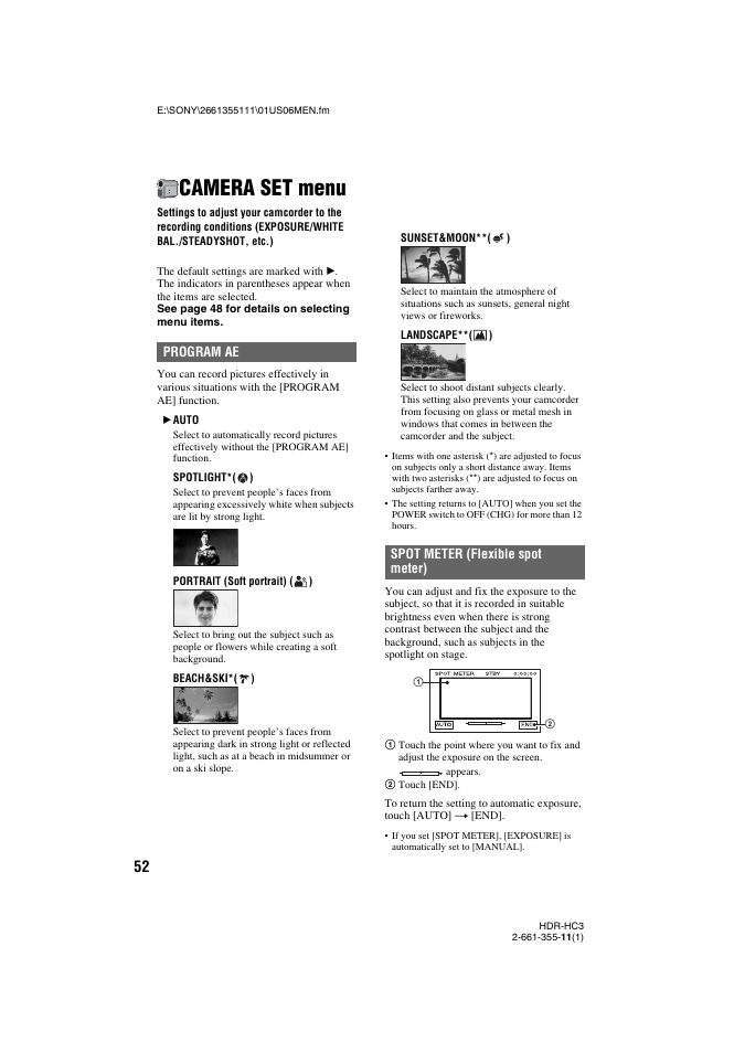 Camera set menu | Sony HDR-HC3 User Manual | Page 52 / 135