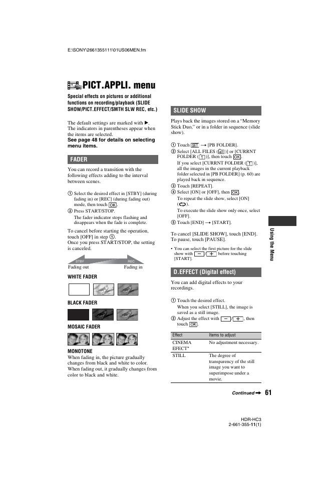 Pict.appli. menu, Show (61), Fader | Slide show d.effect (digital effect) | Sony HDR-HC3 User Manual | Page 61 / 135