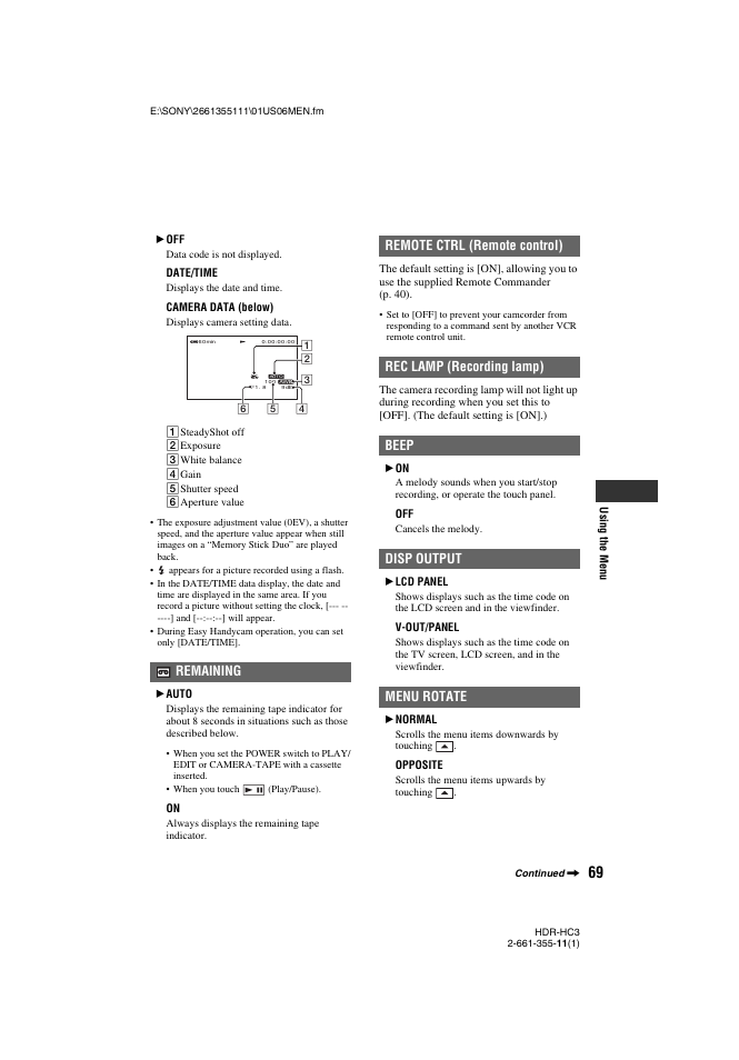 G (p. 69), Remaining | Sony HDR-HC3 User Manual | Page 69 / 135