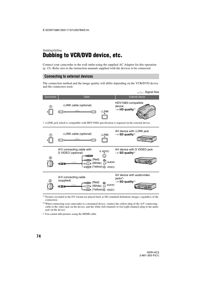 Dubbing/editing, Dubbing to vcr/dvd device, etc, P. 74 | Connecting to external devices | Sony HDR-HC3 User Manual | Page 74 / 135