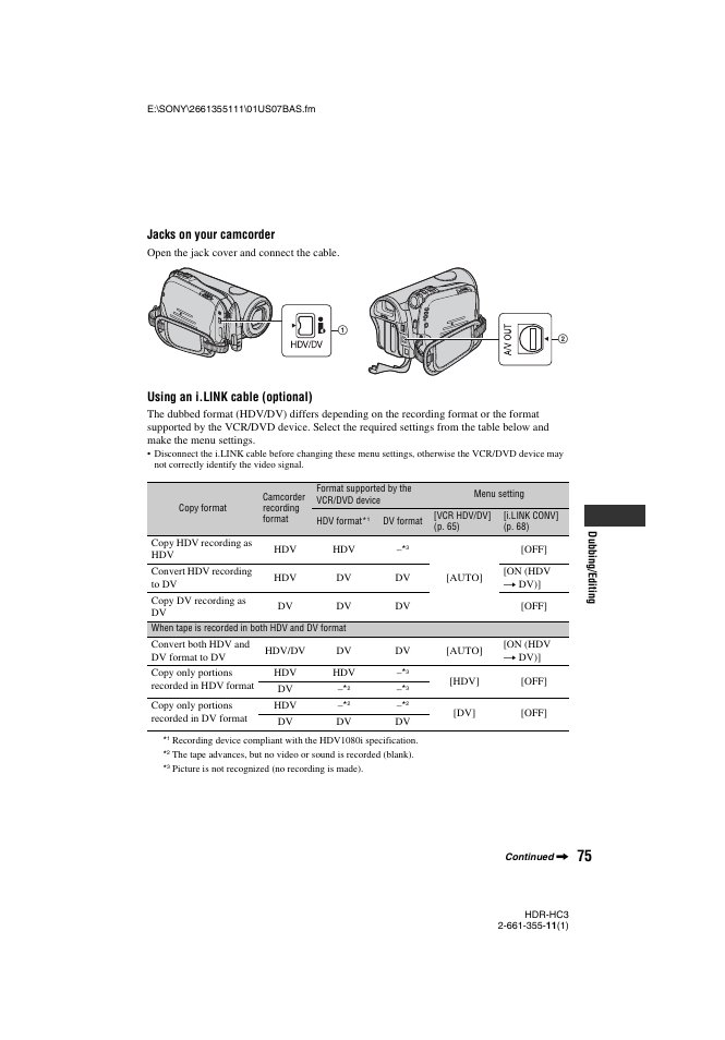 Jacks on your camcorder, Using an i.link cable (optional) | Sony HDR-HC3 User Manual | Page 75 / 135