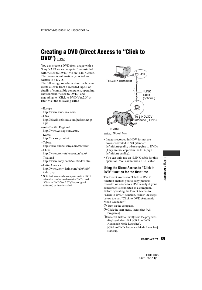 Creating a dvd (direct access to “click to dvd”), P. 89) | Sony HDR-HC3 User Manual | Page 89 / 135