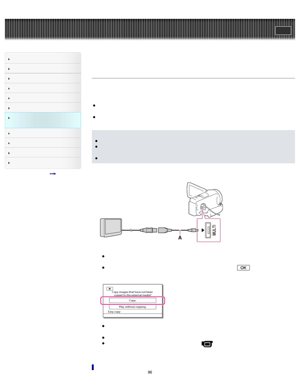 Saving images on an external media device easily, Handycam" user guide | Sony HDR-CX430V User Manual | Page 96 / 266
